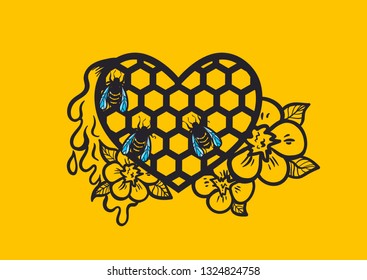 illustration, bee, honeycombs and flowers