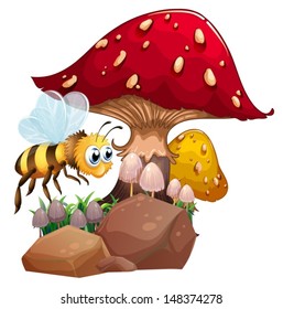 Illustration of a bee near the giant red mushroom on a white background