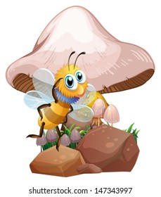 Illustration of a bee near the mushrooms on a white background