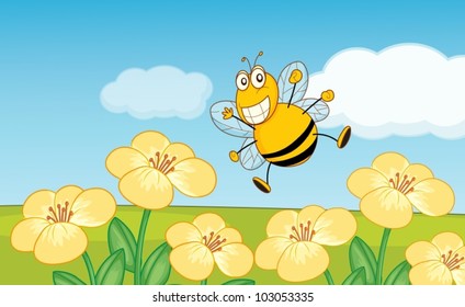 Illustration of a bee over flowers