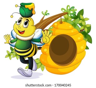 Illustration of a bee with a pot above its head near the beehive on a white background