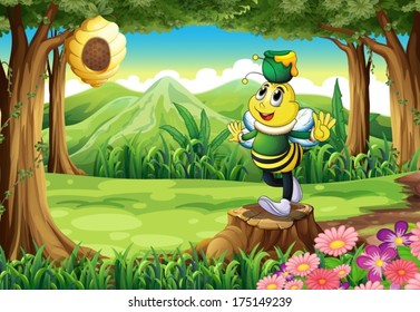 Illustration of a bee with a pot above its head standing on a stump