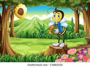 Illustration of a bee standing above the stump holding a pot