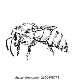 Illustration of a bee with a thin liner, an outline image of an insect on a white background