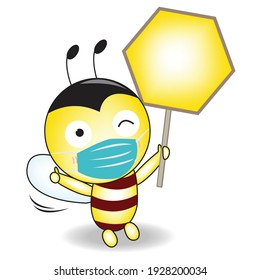 Illustration of a bee wearing a mask, cartoon character, cute mascot holding a blank sign.