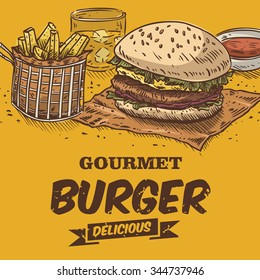 Ilustración de hamburguesa de carne y patatas fritas
