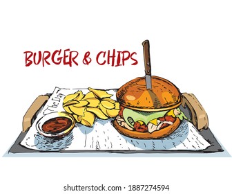 Illustration of beef burger, chips and sauce. Fast food. Vintage burger poster.