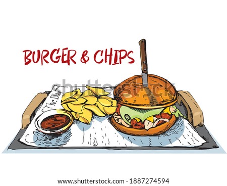 Illustration of beef burger, chips and sauce. Fast food. Vintage burger poster.