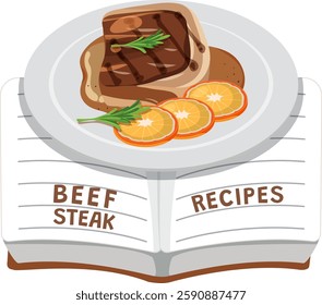 Illustration of beef steak with oranges and herbs