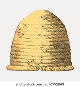 Illustration of a beehive with bees. The beehive is textured, showing bees flying around. Beehive and bees create a natural, rustic look. Vintage illustration isolated on white, vector.
