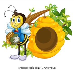 Illustration of a beehive beside the bee on a white background