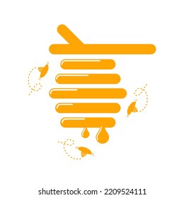 Illustration of beehive and honey. A beehive surrounded by bees. Vector format and flat style.