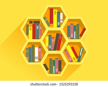 Ilustração de uma colmeia em forma de prateleira de livro cheia de livros