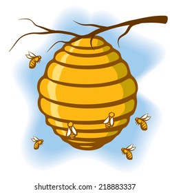 An Illustration of a beehive suspended from a tree with bees around it