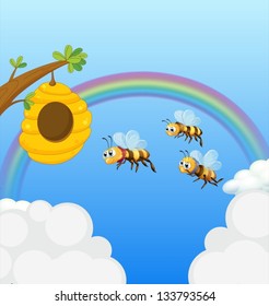Illustration of a beehive and the three bees
