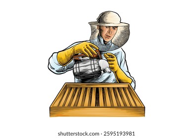 illustration of a beekeeper smoking a beehive