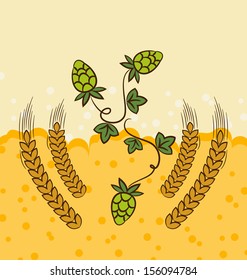 Illustration beer background with hop leaves and wheat - vector