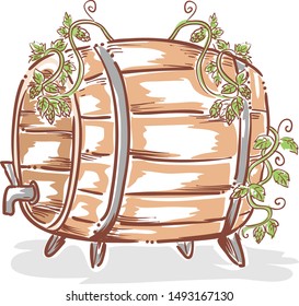 Illustration of a Beer Barrel with Hops Plant Around It