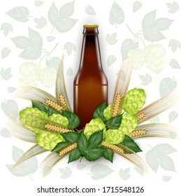 Illustration of beer bottle with hop cones and wheat ears
