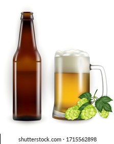 Illustration of beer bottle and mug with hop cones isolated
