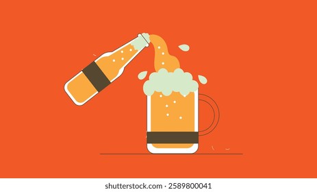 illustration of a beer bottle pouring into a beer glass, capturing the refreshing essence of enjoying a cold drink