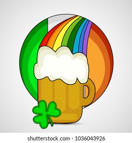 Illustration of beer with clover leaf, Ireland Flag and rainbow for St. Patrick's Day