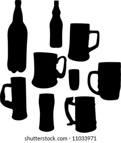 illustration with beer cups, glass and bottles silhouettes