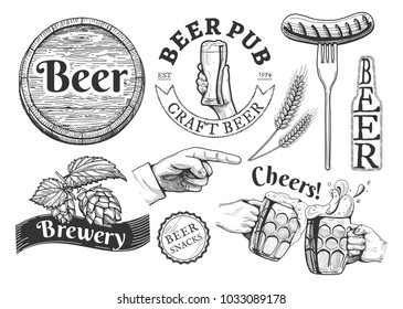 illustration of beer emblems, labels set. Pub, craft, brewery, snacks, cheers inscriptions. Barrel, hand with glass, sausage on fork, wheat, bottle, pointing finger, lid, hop, clinking stein drawings.