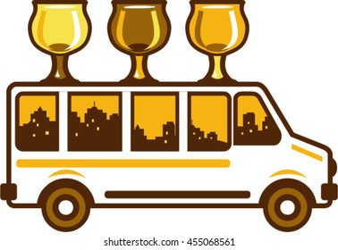 Illustration Of  Beer Flight Glass Each Holding A Different Beer Type On Top Of Van Viewed From The Side Set On Isolated White Background Done In Retro Style. 