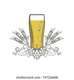 illustration of beer glass, hops and barley ears