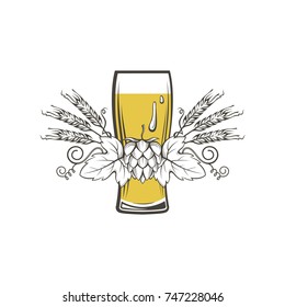 illustration of beer glass, hops and barley ears