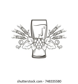 illustration of beer glass, hops and barley ears