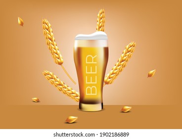 ilustración de vidrio de cerveza sobre fondo marrón claro , volando granos de trigo, cebada, avena, plantilla de tema de cultivo 