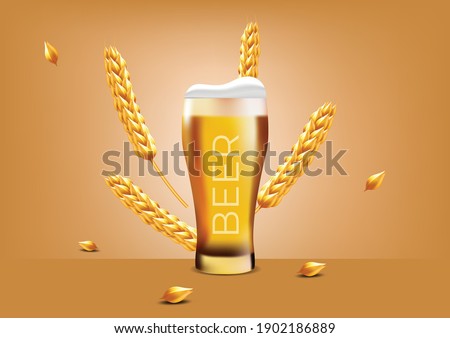 illustration of Beer glass on light brown background , wheat grains flying, Barley, oats, crop theme template 
