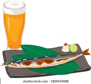 Illustration of Beer and Grilled pacific saury