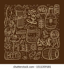 Illustration with beer and hand-drawn lettering on dark background. Beer and Snack. Background for bar, pub, cafe, fest and party. Vector cartoon Illustration.
