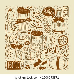 Illustration with beer and hand-drawn lettering. Beer and Snack. Background for bar, pub, cafe, fest and party. Vector cartoon Illustration.