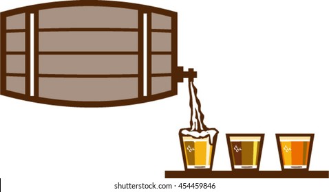 Illustration Of Beer Keg Pouring On Glass Of Beer Flight Beer Each Holding A Different Beer Type On Isolated Background Done In Retro Style. 