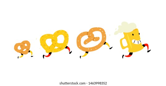 Illustration of a beer mug and bagels. Vector. Icons for the site. Character pretzel with salt and a bagel for beer. Signs, logo for the store and packaging. Delicious beer snack.