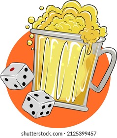 Illustration of Beer Mug with Foam and Dice for Drinking Game