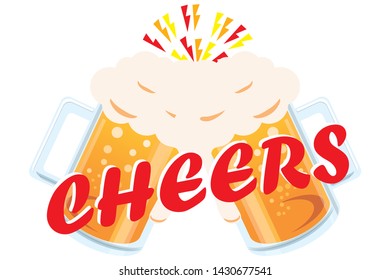 Illustration of beer mug full of bubbles, two mugs with cheers, vector data, characters for cheers