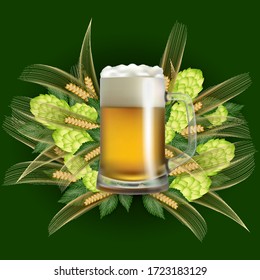 Illustration of beer mug with hop cones and wheat ears
