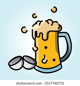 An illustration of a beer mug with overflowing foam and two small bowls next to it. The image is bright and cheerful.