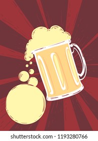 Illustration of a Beer Mug with Space for Text and Red Rays in the Background