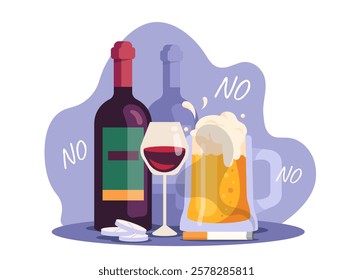 Illustration of beer, wine, pills, and cigarettes crossed out with No signs. Flat design, purple background. Concept of prohibition and healthy lifestyle. Vector illustration