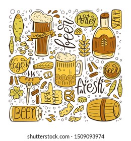 Illustration with beers, snacks and hand-drawn lettering. Octoberfest background design with typography. Vector cartoon Illustration.