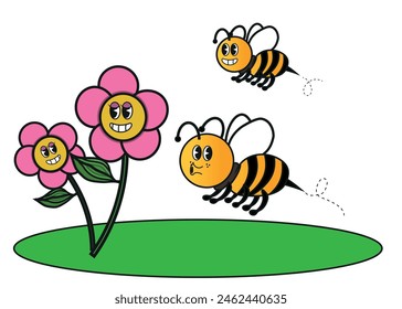 illustration of bees and flowers in groovy style, mascot in retro rubber hose cartoon style. vector with white background.