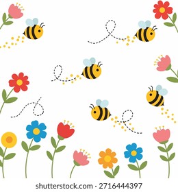 Ilustración de abejas y flores en un patrón caprichoso