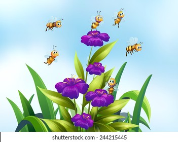 Illustration of bees flying over some flowers