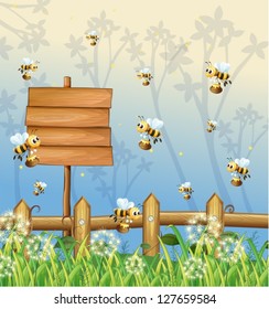 Illustration of bees in the forest with an empty signboard